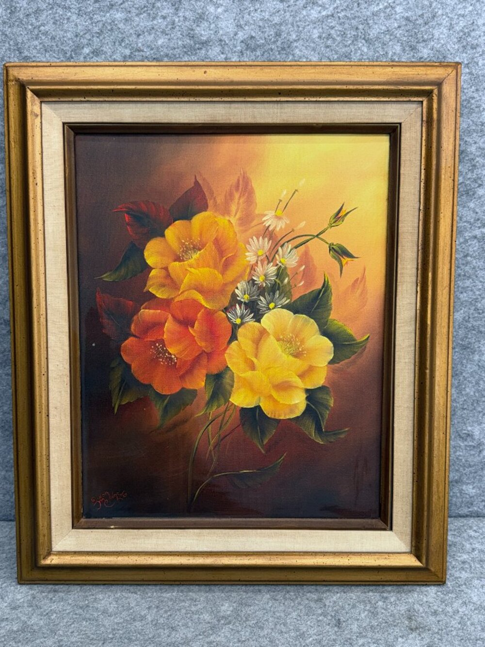 Vintage Floral Still Life Oil Painting Signed Framed Mid Century Yellow Orange